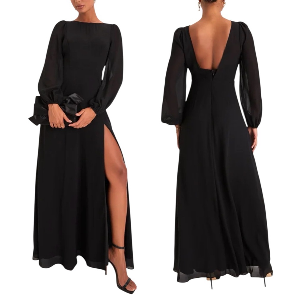 NWT Lulus Prestigious Poise Black Long Sleeve Chiffon Maxi Gown Dress